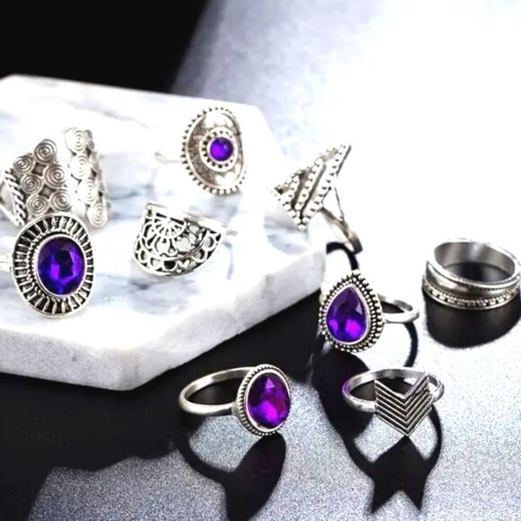 Vintage Geometric Hollow Purple Gemstone 9pcs ring Set - Picture 2 of 8